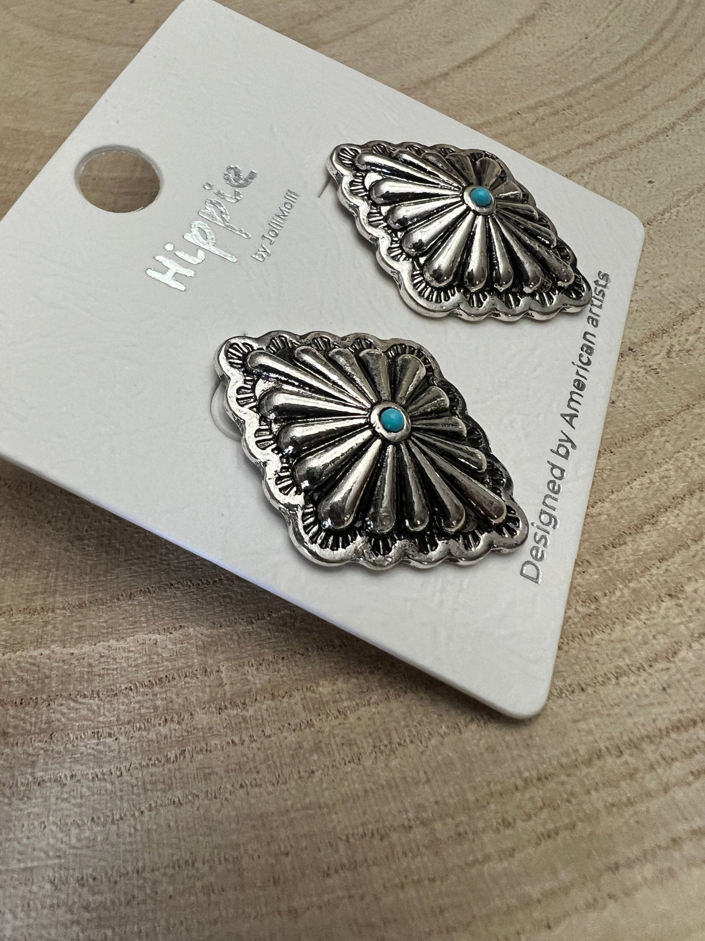 Western Silver & Faux Turquoise Diamond Concho Post Earrings — 3/4" Drop