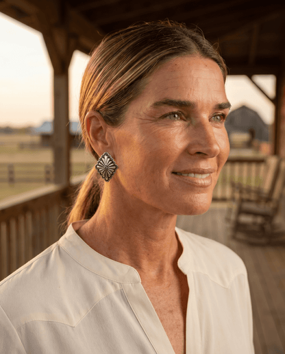 Western Silver & Faux Turquoise Diamond Concho Post Earrings — 3/4" Drop