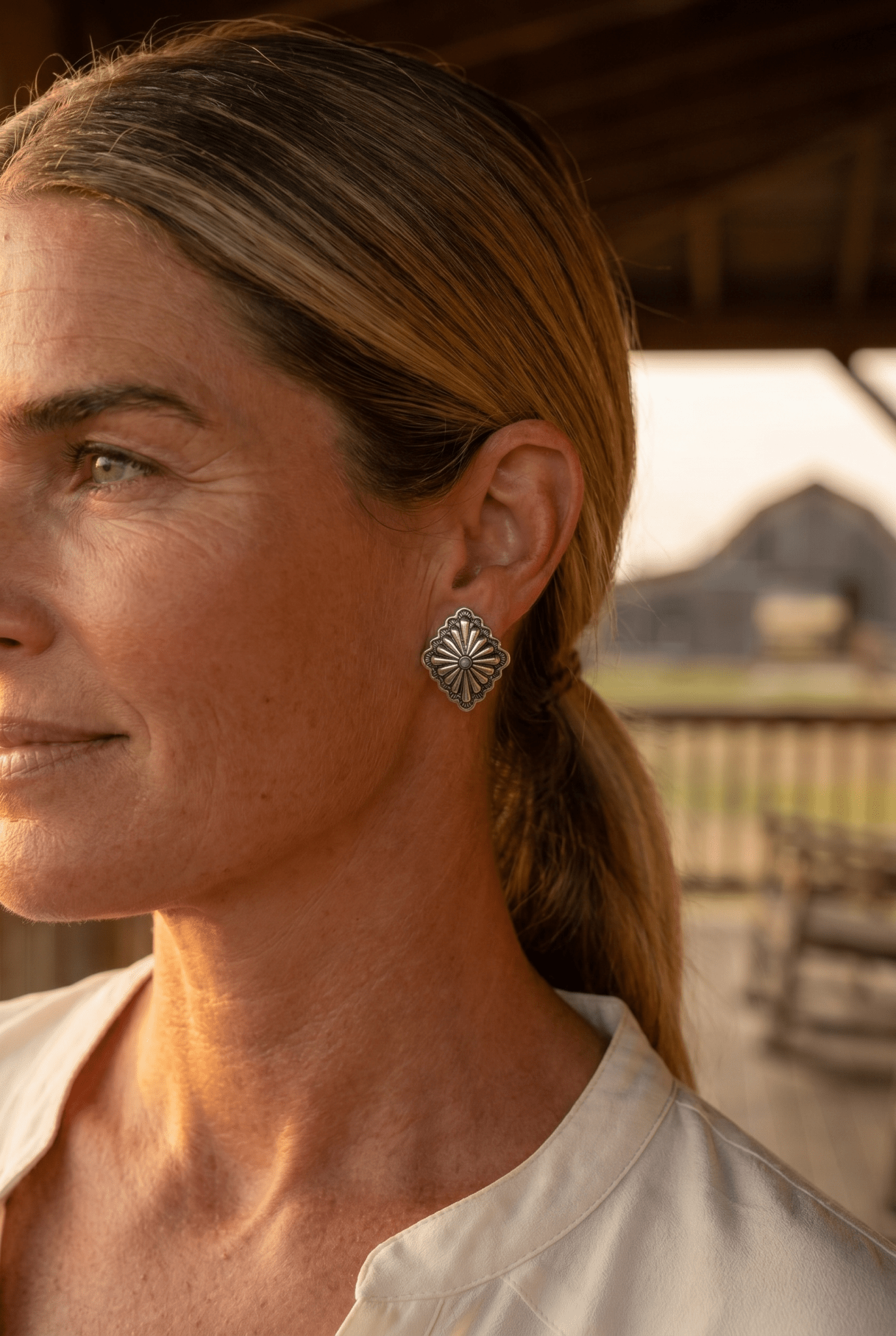 Western Silver & Faux Turquoise Diamond Concho Post Earrings — 3/4" Drop
