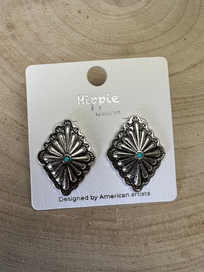 Western Silver & Faux Turquoise Diamond Concho Post Earrings — 3/4" Drop