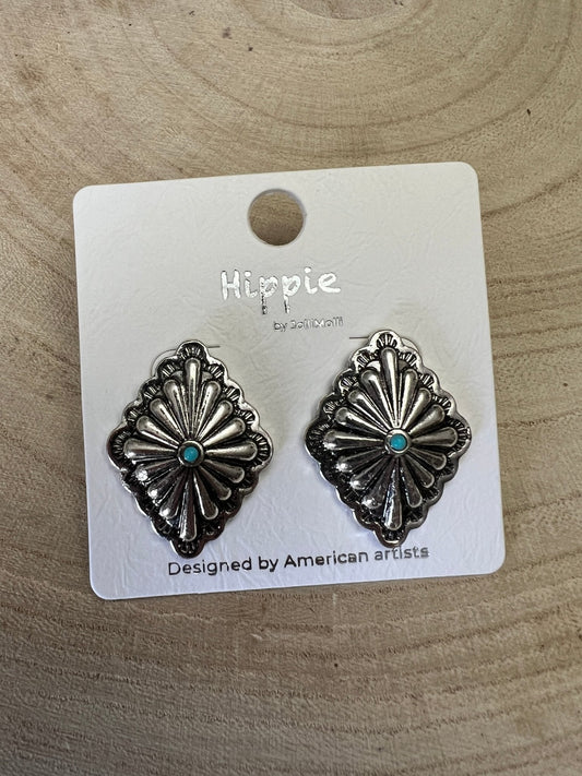 Western Silver & Faux Turquoise Diamond Concho Post Earrings — 3/4" Drop