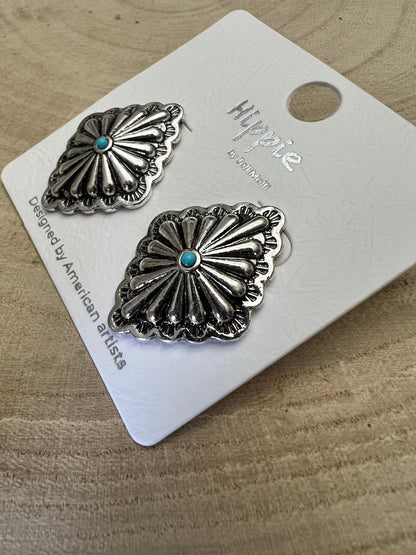 Western Silver & Faux Turquoise Diamond Concho Post Earrings — 3/4" Drop