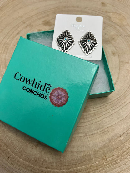 Western Silver & Faux Turquoise Diamond Concho Post Earrings — 3/4" Drop