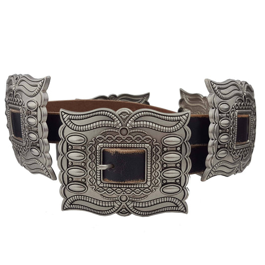 Western Silver Rectangular Concho Distressed Leather Belt — Brown or Black
