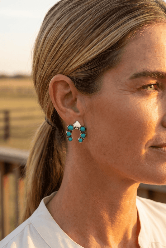 Western Spade & Faux Turquoise Squash Blossom Earrings — Petite 1" Drop