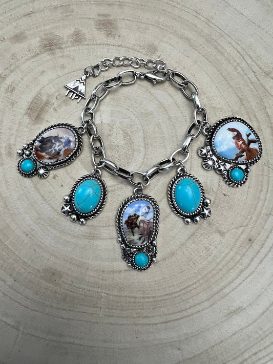 Western Rodeo Charm Bracelet — Bull Rider & Bronc Pendants with Faux Turquoise