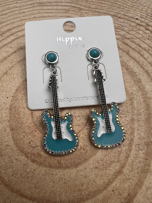 Western Turquoise Guitar Dangle Earrings — Country Music 2" Drop