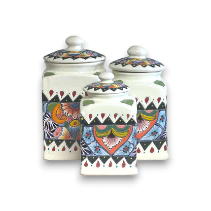 White Talavera Canister Set | Hand-Painted Mexican Kitchen Decor