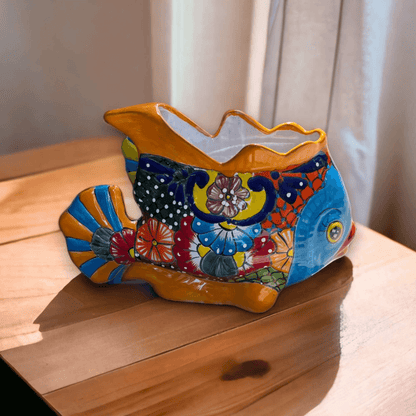 Large Talavera Fish Planter | Hand-Painted Mexican Statue Pottery