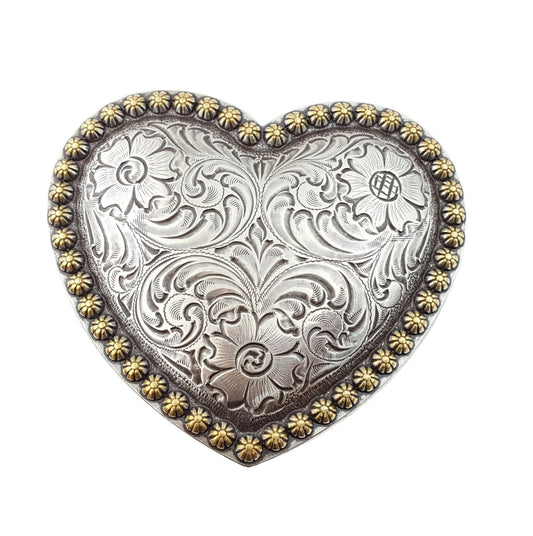 "Your Heart or Mine" Western Heart Belt Buckle — Shiny Silver with Elegant Gold Trim