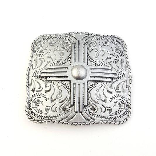 "Zia" Western Belt Buckle — Punchy Silver with Rope Edge, Etched Details & Southwestern Zia Overlay